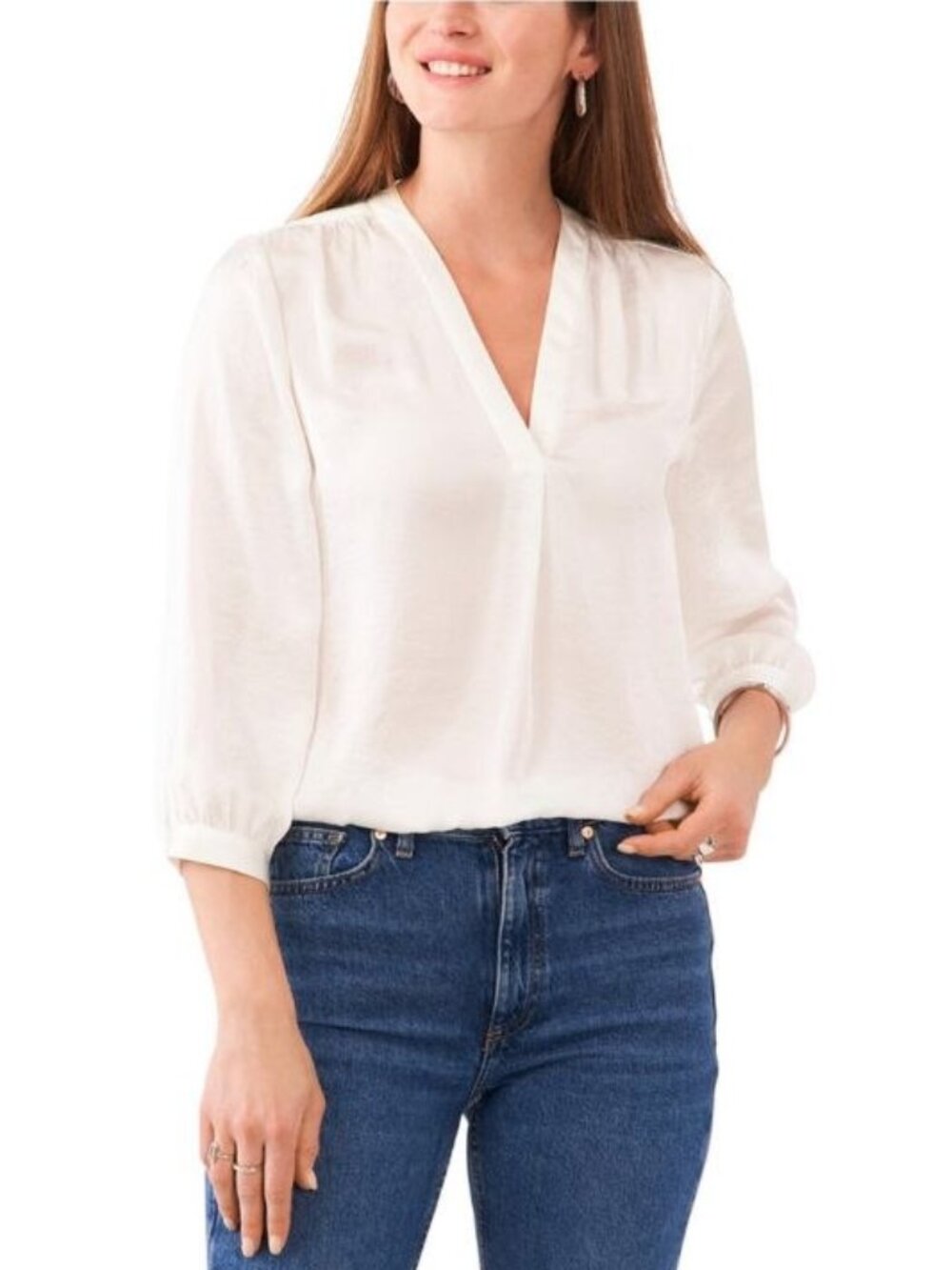 $74 Vince Camuto Women's V-Neck 3/4-Sleeve Blouse New Ivory NWOT